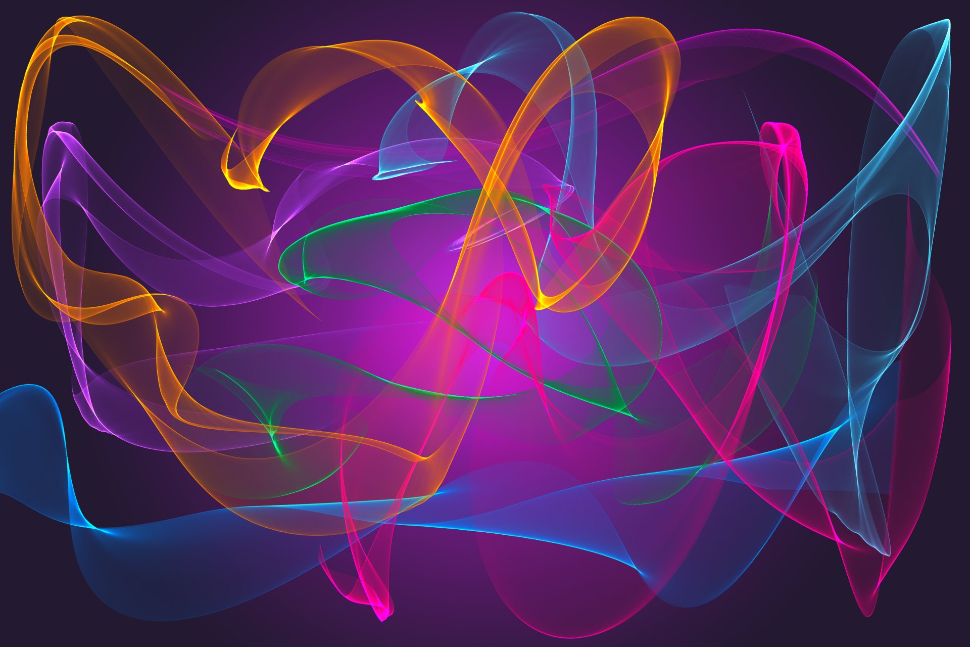 Abstract multicolored ribbons and light trails on a deep purple backdrop, vibrant 2K Quad HD PC desktop wallpaper and background.