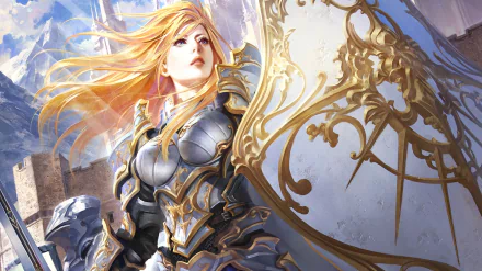 HD desktop wallpaper of a fantasy woman warrior in ornate armor, holding a large, decorative shield, with flowing blonde hair and a determined expression.