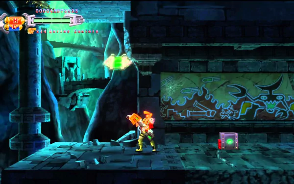 HD desktop wallpaper from Hard Corps: Uprising, featuring a character in mid-action in a side-scrolling level.