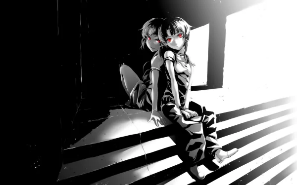 HD PC desktop wallpaper featuring two anime characters with glowing red eyes from Serial Experiments Lain, sitting back-to-back in a high-contrast black and white scene.