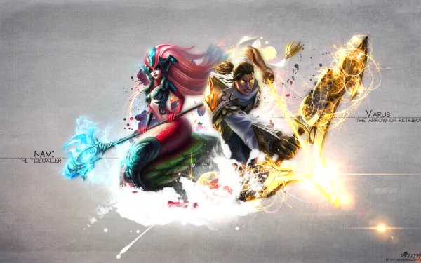 HD desktop wallpaper featuring Varus, the Arrow of Retribution, and Nami, the Tidecaller, from League of Legends, showcasing their dynamic designs in a vibrant display.