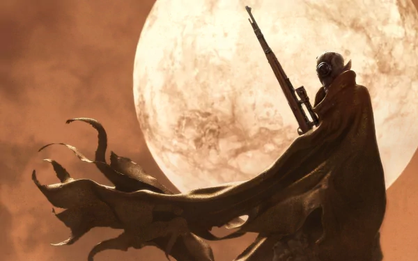 A silhouetted warrior in a flowing cloak stands against a dramatic orange sky, holding a rifle, with a large moon illuminating the scene. Sci-fi themed HD desktop wallpaper.