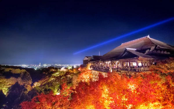 Night view of the illuminated Kiyomizu-dera temple surrounded by vibrant autumn foliage in Kyoto, Japan, captured in stunning 4K Ultra HD detail.