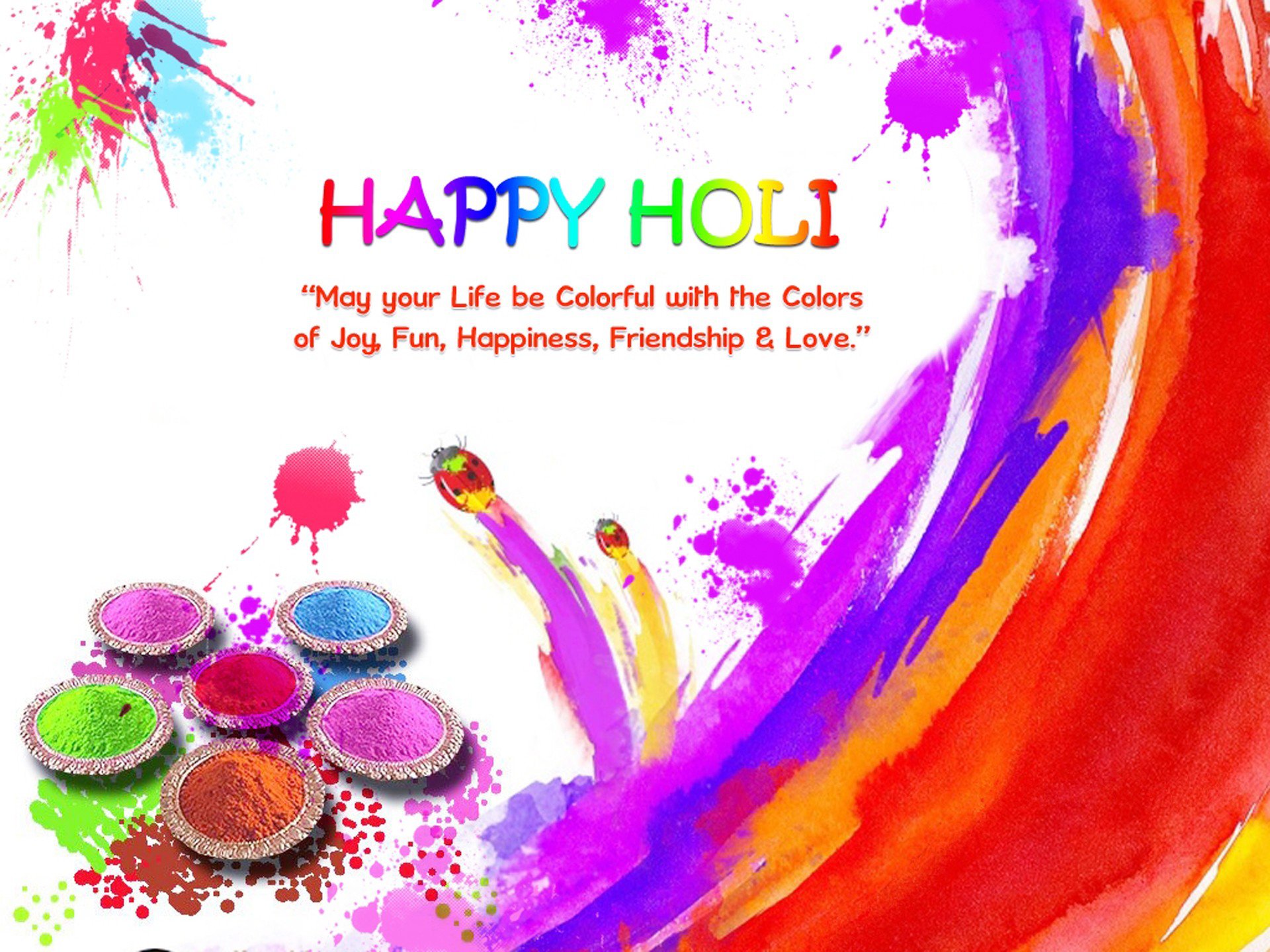 Vibrant HD PC desktop wallpaper showcasing colorful Holi powder and dynamic paint splashes with a festive Happy Holi message celebrating joy, friendship, and love.