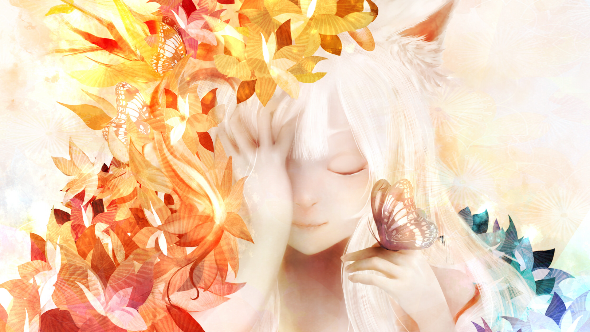 Download White Hair Animal Ears Butterfly Flower Anime Original HD Wallpaper by Zhang Xiao Bo