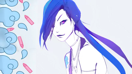 HD PC desktop wallpaper featuring Jinx from League of Legends with her signature blue hair and a stylized, artistic background inspired by the video game.