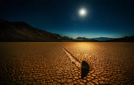 A stunning night sky above California's Death Valley, featuring a glowing moon and a solitary stone leaving a trail on the cracked desert floor, captured in 4K Ultra HD.