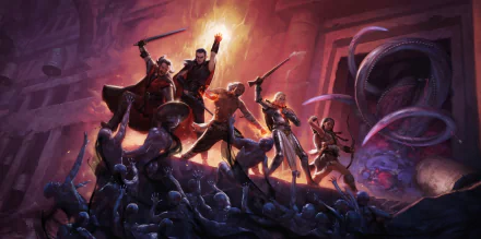 Pillars of Eternity video game 4K Ultra HD PC desktop wallpaper/background: a party of armored adventurers wielding swords and spells against writhing tentacled monsters in a glowing cavern.