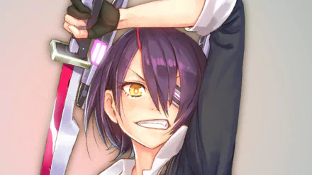 A dynamic HD anime wallpaper featuring Tenryuu from Kantai Collection, showcasing a confident smile and brandishing a sword, exuding a sense of excitement and adventure.