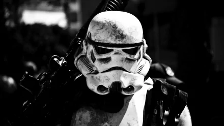 HD desktop wallpaper featuring a close-up, black and white image of a stormtrooper from the Star Wars franchise, capturing the gritty and intense atmosphere of the character.