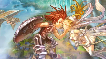Flyff HD PC desktop wallpaper: two anime-style characters — an armored male and a winged female — touch foreheads while floating in a sunlit sky above distant floating islands.
