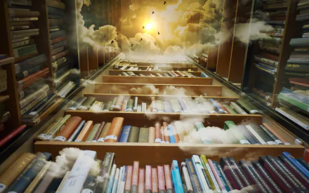 A mystical library filled with colorful books stretches toward a magical sunrise, surrounded by ethereal clouds, creating a fantasy-inspired backdrop for an enchanting atmosphere.