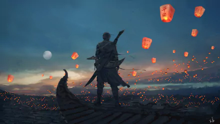 HD desktop wallpaper from the comic GhostBlade, featuring a warrior on a rooftop with floating lanterns against a twilight sky.