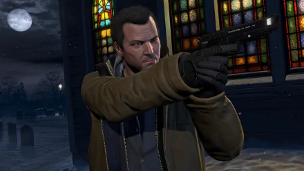 A character from Grand Theft Auto V aims a pistol, surrounded by a darker atmosphere with stained glass in the background, creating a dramatic scene for a 4K Ultra HD wallpaper.