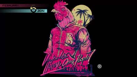 HD desktop wallpaper of Hotline Miami featuring a stylized rooster mask with neon colors and palm silhouettes against a moon backdrop.