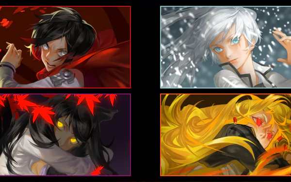 HD PC desktop wallpaper featuring RWBY characters Ruby Rose, Weiss Schnee, Blake Belladonna, and Yang Xiao Long in their Hunter, SnowPea, Intruder, and Slayer outfits.