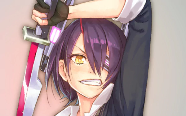 A dynamic HD anime wallpaper featuring Tenryuu from Kantai Collection, showcasing a confident smile and brandishing a sword, exuding a sense of excitement and adventure.