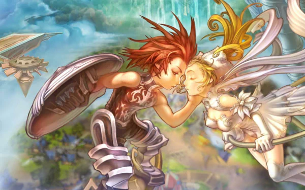 Flyff HD PC desktop wallpaper: two anime-style characters — an armored male and a winged female — touch foreheads while floating in a sunlit sky above distant floating islands.