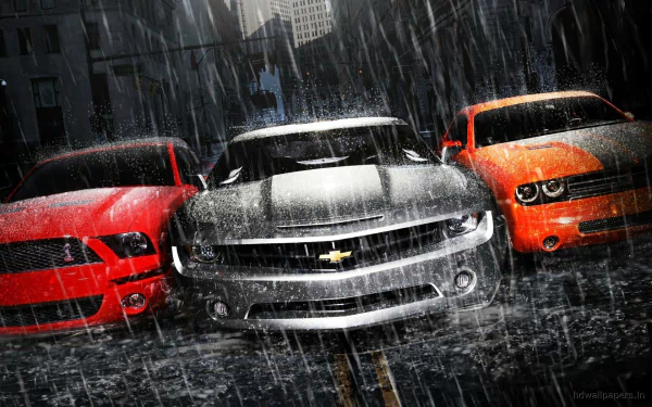 A powerful trio of muscle cars featuring a sleek Chevrolet Camaro in silver flanked by a red Ford Mustang and an orange Dodge Challenger, set against a dramatic rainy backdrop.