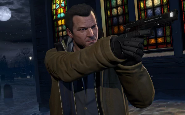A character from Grand Theft Auto V aims a pistol, surrounded by a darker atmosphere with stained glass in the background, creating a dramatic scene for a 4K Ultra HD wallpaper.