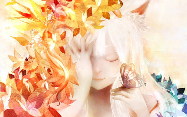 Anime Original Flower Butterfly Animal Ears White Hair HD Wallpaper | Background Image