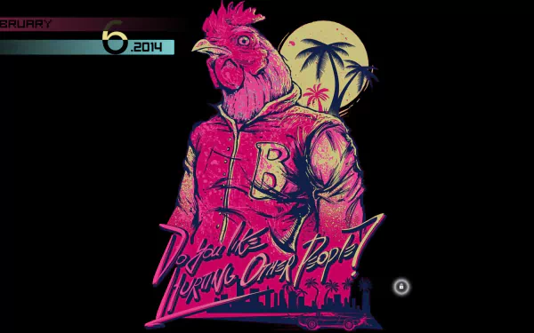 HD desktop wallpaper of Hotline Miami featuring a stylized rooster mask with neon colors and palm silhouettes against a moon backdrop.