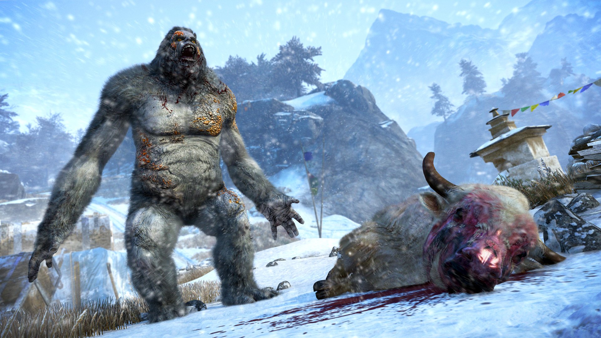 Far Cry 4 video game HD PC desktop wallpaper/background: towering snow-covered Yeti snarls in Himalayan landscape beside a bloodied yak, prayer flags and a stupa in the snowy background.