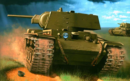 HD desktop wallpaper depicting a Kliment Voroshilov military tank advancing across a grassy field under a cloudy sky.