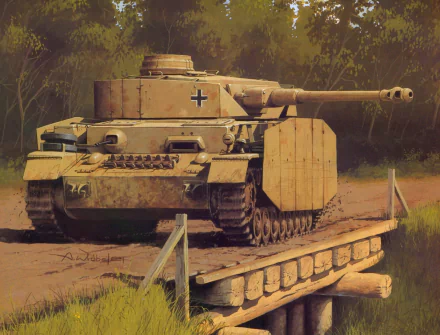 A Panzer IV tank is depicted on a wooden bridge, surrounded by greenery, showcasing military history. This HD image serves as a striking desktop wallpaper and background.