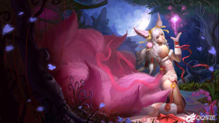 A vibrant HD wallpaper featuring Ahri from League of Legends, set in a mystical forest with a glowing moon, showcasing her iconic nine tails and enchanting aura.