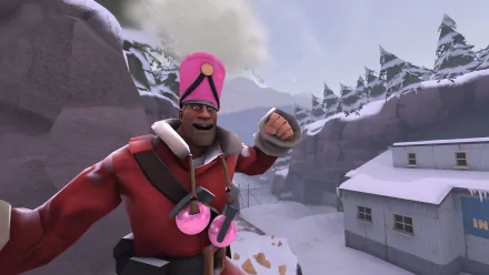 HD PC desktop wallpaper and background from the video game Team Fortress 2: Soldier in whimsical pink headgear and medals poses on a snowy mountain map.