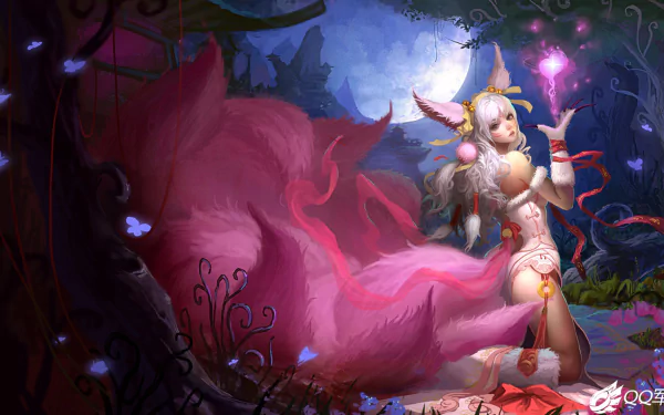 A vibrant HD wallpaper featuring Ahri from League of Legends, set in a mystical forest with a glowing moon, showcasing her iconic nine tails and enchanting aura.