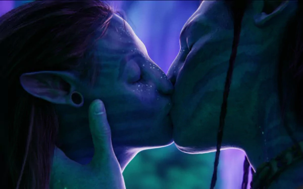 HD PC desktop wallpaper featuring a close-up scene of two Na'vi characters sharing a kiss from the movie Avatar, bathed in blue and purple lighting.