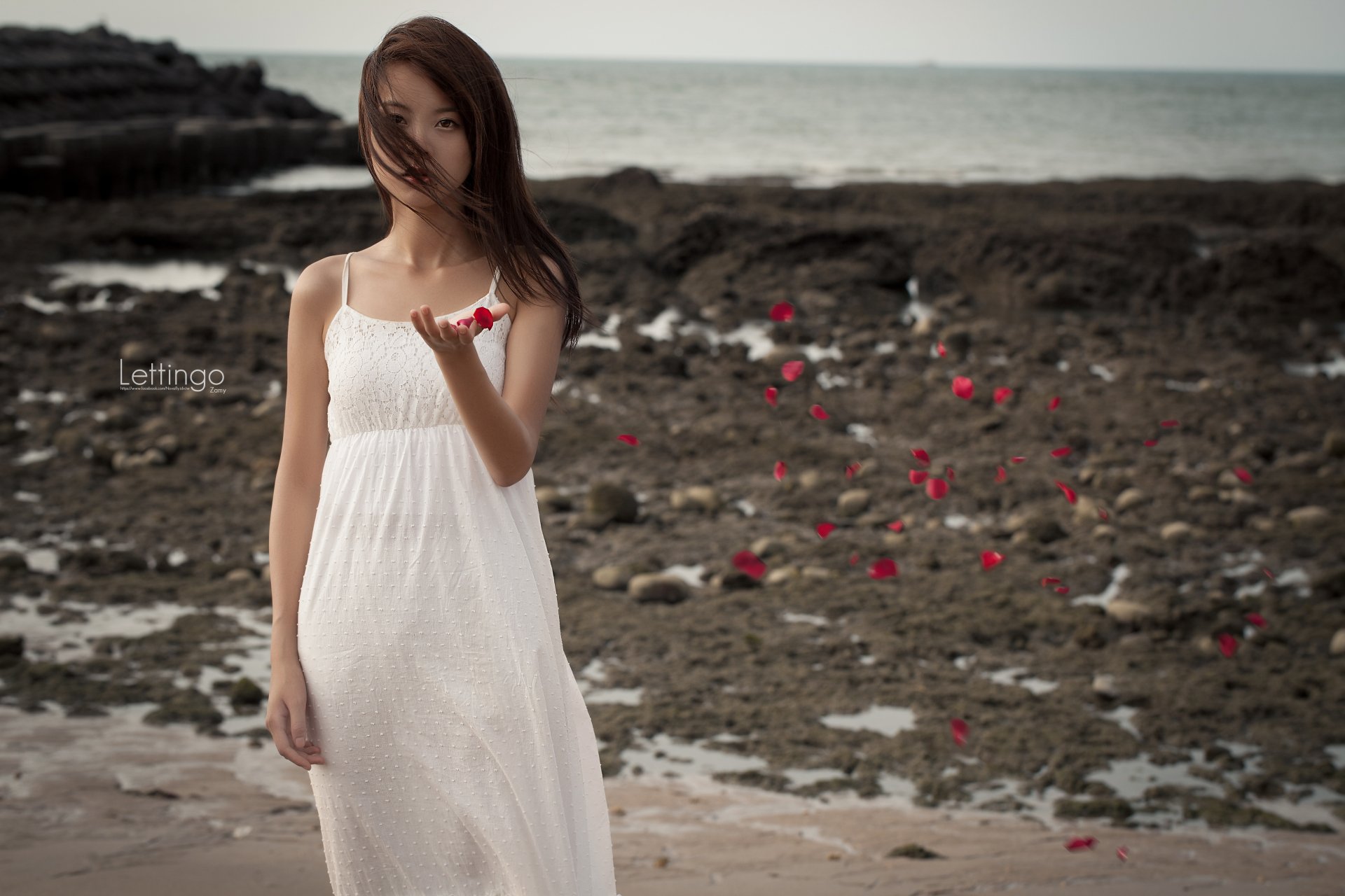 An Asian woman standing near a seashore, holding petals while wearing a white dress. The background features a beach setting with scattered petals. The image is a high-definition desktop wallpaper.
