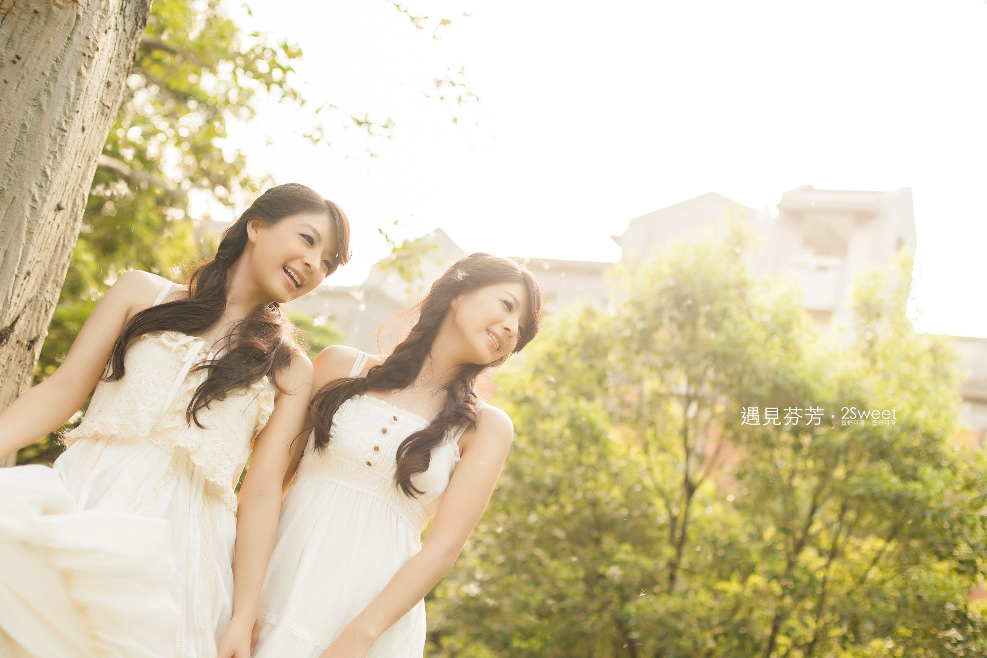 Two smiling women in white dresses leaning against a tree in a sunlit park with soft bokeh — 5K Ultra HD PC desktop wallpaper and background.