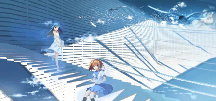 HD PC desktop wallpaper of Furude Rika and Rena Ryūgū from Higurashi When They Cry, posed on stylized white stairways beneath a bright, cloud-dappled blue sky.