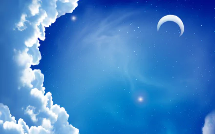 Artistic HD PC desktop wallpaper and background: dreamy blue sky with billowing clouds curling toward a crescent moon and distant twinkling stars.