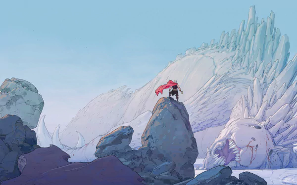 Comic-style Thor stands on a rocky peak, overlooking an icy landscape with a giant frozen creature, presented in stunning 4K Ultra HD for PC desktop background.