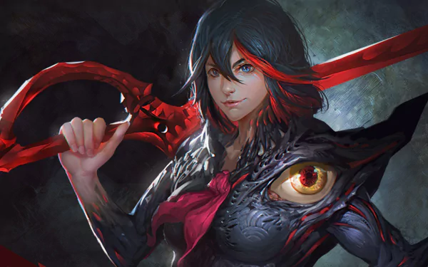 HD anime desktop wallpaper featuring Ryūko Matoi from Kill la Kill, holding her red blade sword with Senketsu's distinctive eye integrated into her outfit.