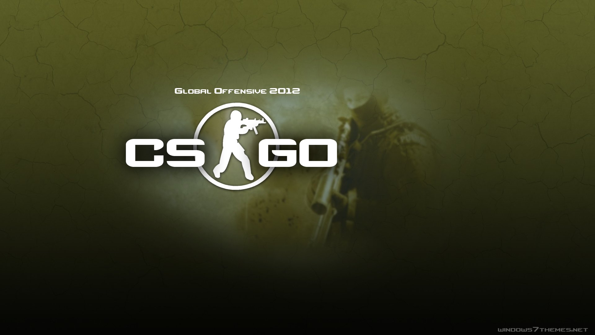 HD PC desktop wallpaper featuring the Counter-Strike: Global Offensive logo with a muted green background and a faint image of an in-game character.