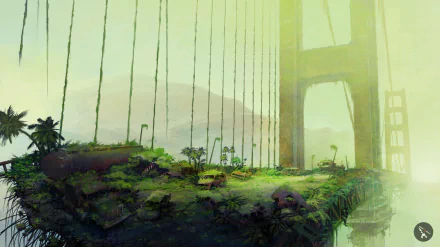 Post-apocalyptic Sci-Fi scene of a ruined Golden Gate Bridge overgrown with vegetation, rendered in 4K Ultra HD as a detailed PC desktop wallpaper and background.
