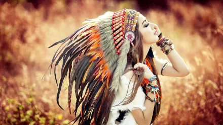 A woman, tagged as Linh Napie, wears a colorful feather headdress in a field. The background features bokeh effects. The tags include Vietnamese, Asian, model, Native American, cosplay, and headdress.