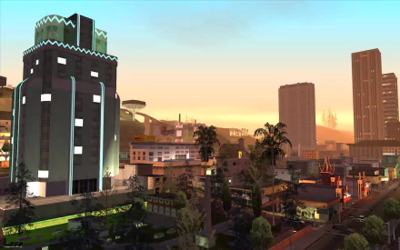 HD desktop wallpaper showcasing a vibrant cityscape from the video game Grand Theft Auto: San Andreas at sunset, featuring high-rise buildings and a scenic urban atmosphere.