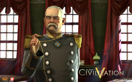 HD PC desktop wallpaper featuring a detailed character from the video game Civilization V, set against an elegant backdrop with rich red curtains.