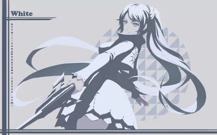 Weiss Schnee from RWBY poses with her rapier, set against a geometric background. This HD anime wallpaper highlights her iconic design and elegance.