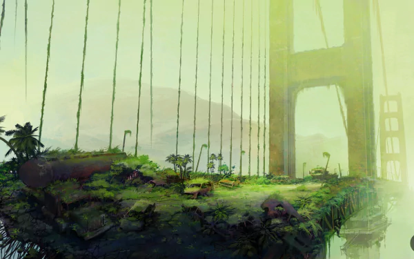 Post-apocalyptic Sci-Fi scene of a ruined Golden Gate Bridge overgrown with vegetation, rendered in 4K Ultra HD as a detailed PC desktop wallpaper and background.