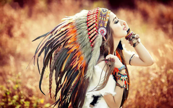 headdress feather bokeh field Vietnamese asian model native american cosplay woman Linh Napie HD Desktop Wallpaper | Background Image