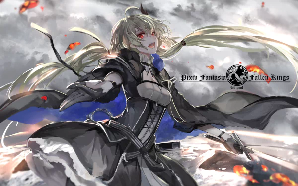 Anime-style HD PC desktop wallpaper from Pixiv Fantasia Fallen Kings featuring a dynamic character with flowing hair and dramatic clouds in a fantasy setting.