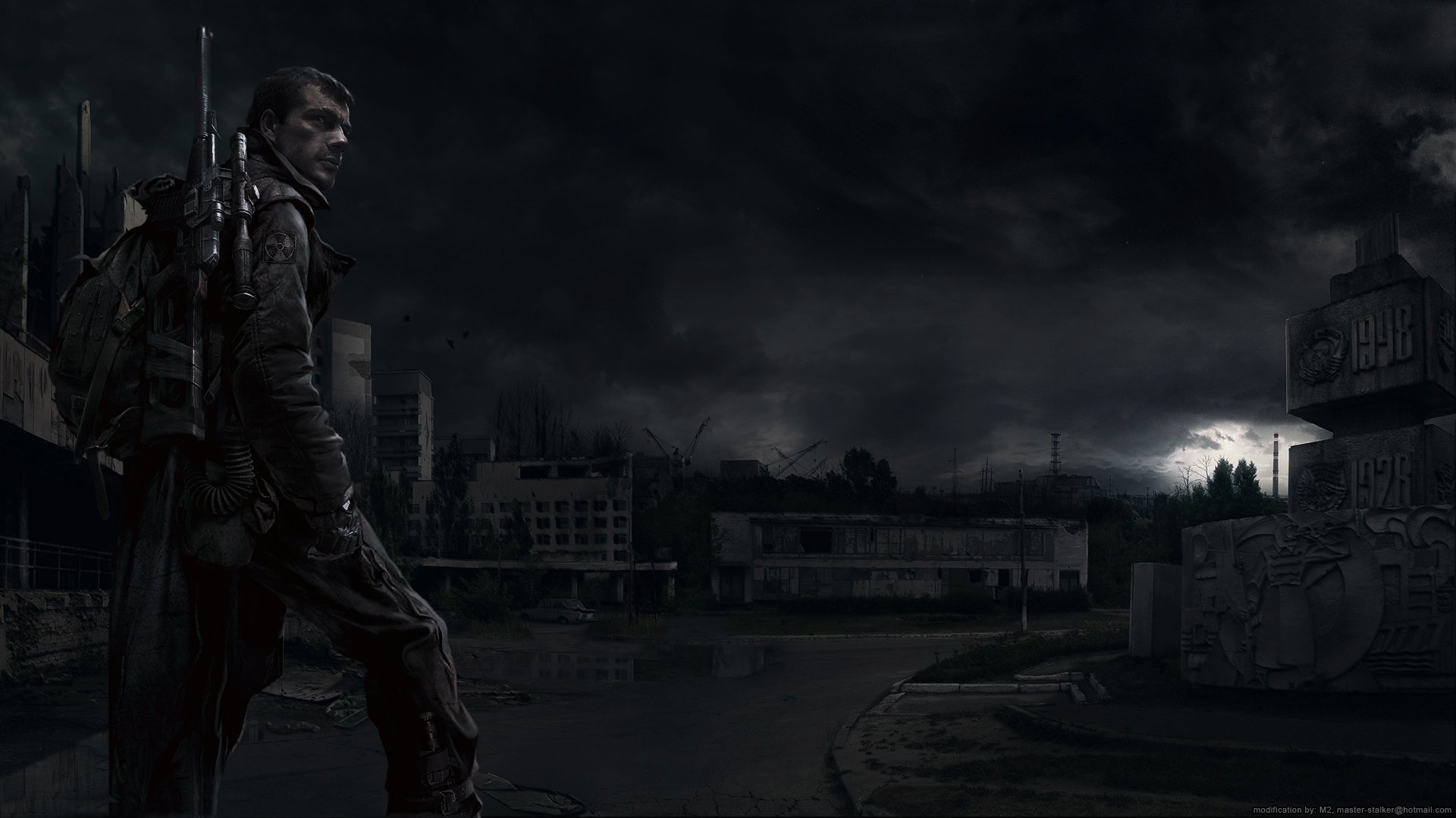 S.T.A.L.K.E.R. HD PC wallpaper: a lone armed stalker stands on a desolate, ruined city street under stormy skies, surrounded by crumbling buildings and eerie darkness.