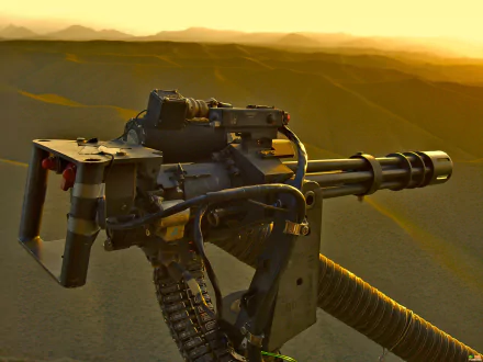 HD desktop wallpaper featuring a close-up of a man-made M134 Minigun against a sunset backdrop with rugged terrain.